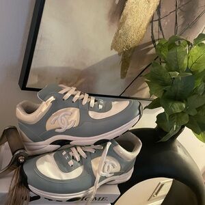 CHANEL Blue and White Lace-Up Sneakers
